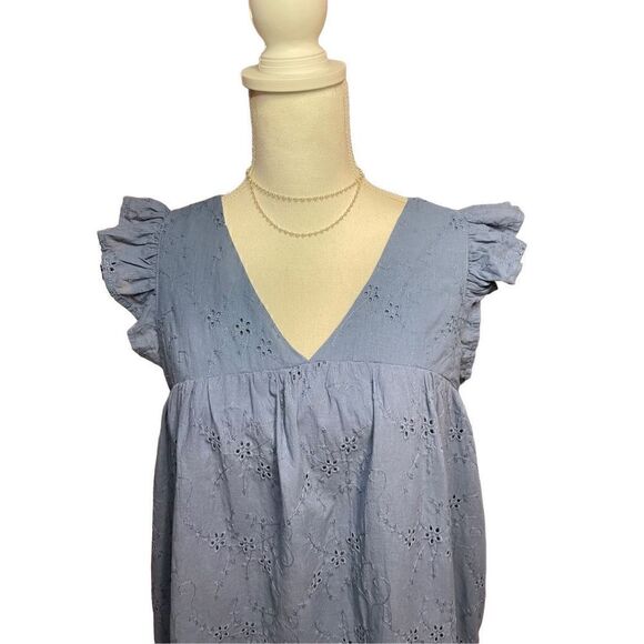 Ruffle Sleeve Eyelet Baby-Doll Dress Blue Small - Picture 3 of 6